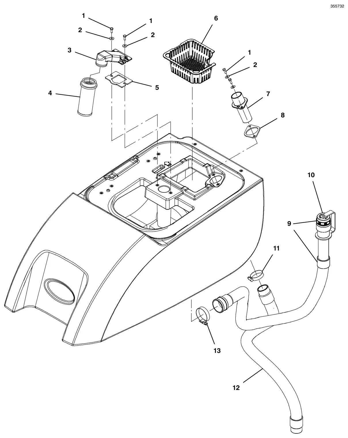 Tennant T500 (S/N 30000000-40000000) recovery tank filter and hose group, pinch cuff screw cap drawing, manual page 34