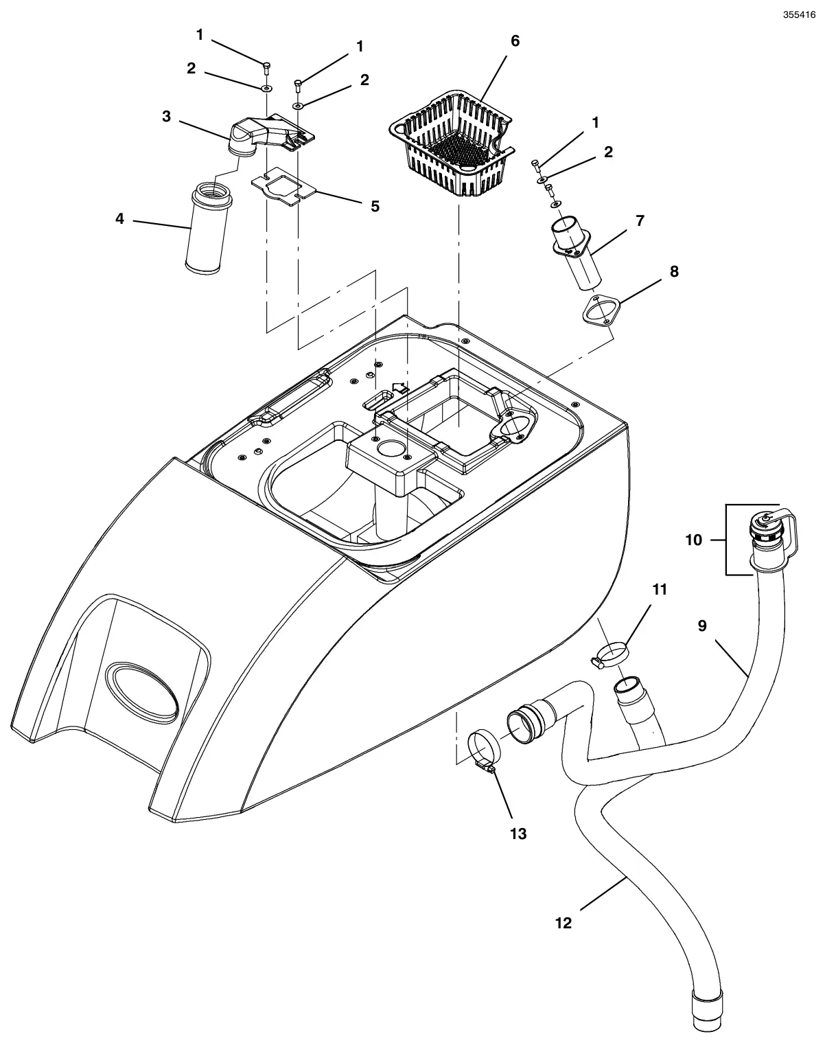 Tennant T500 (S/N 30000000-40000000) recovery tank filter and hose group, standard screw cap drawing, manual page 32