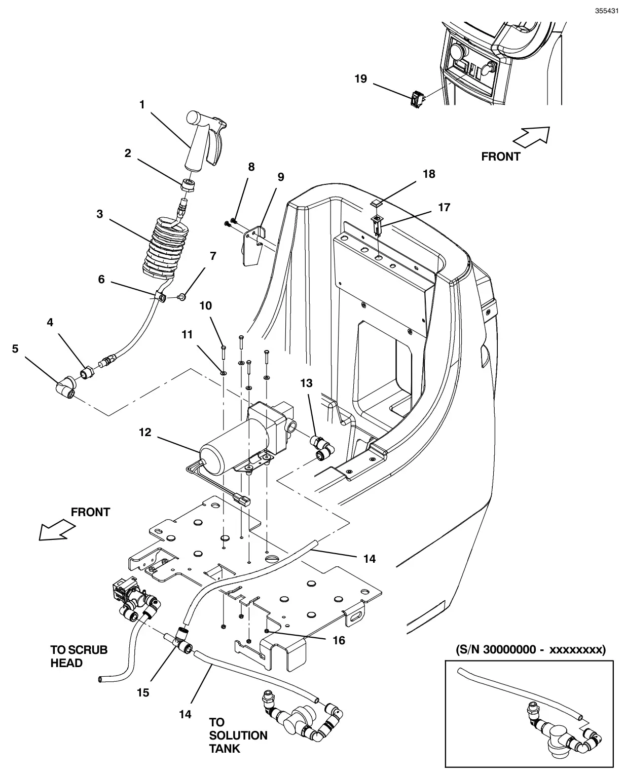 Tennant T500 (S/N 30000000-40000000) recovery tank rinse kit drawing, manual page 106