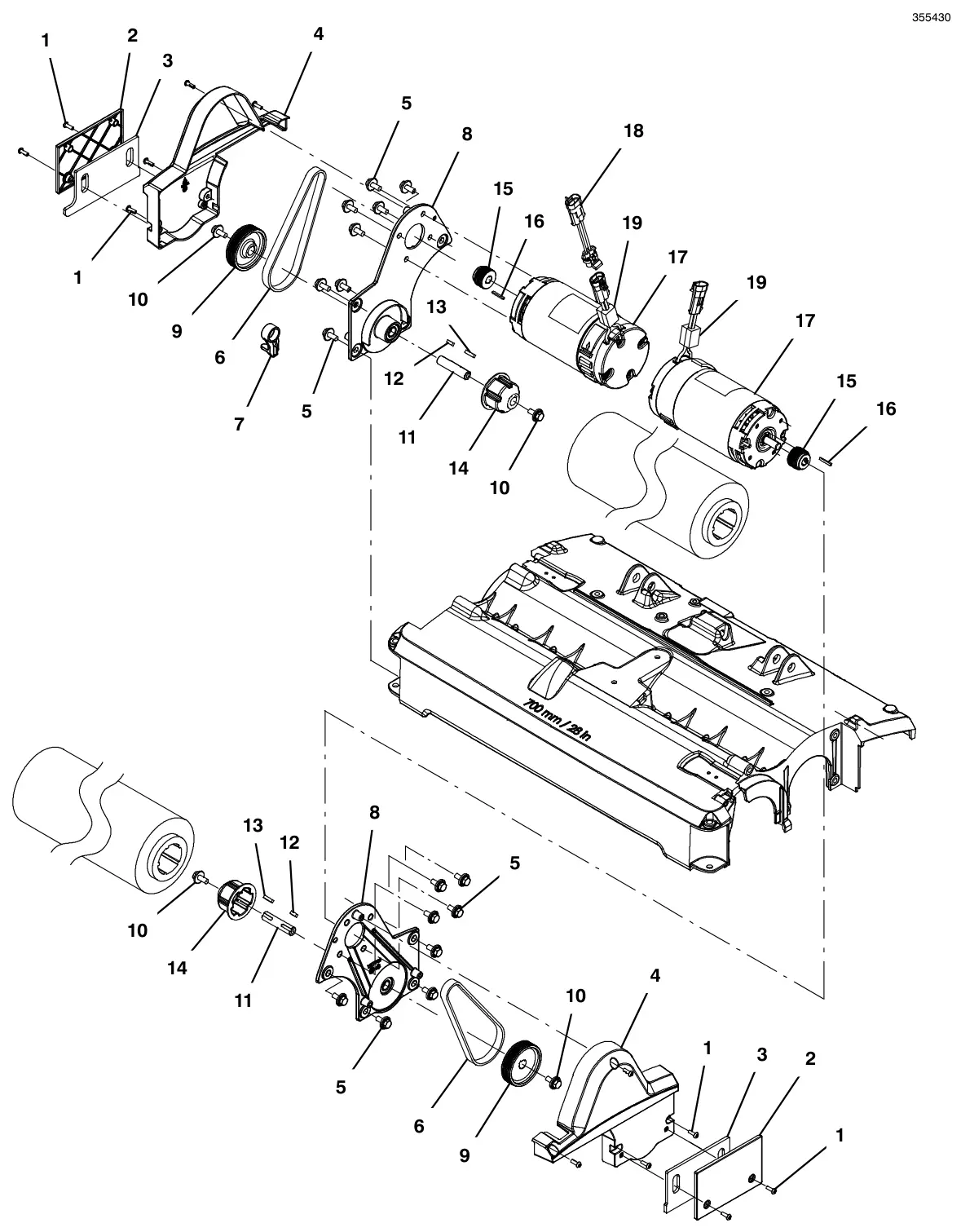 Tennant T500 (S/N 30000000-40000000) scrub head group, cylindrical 28 in (700 mm) - continued drawing, manual page 26