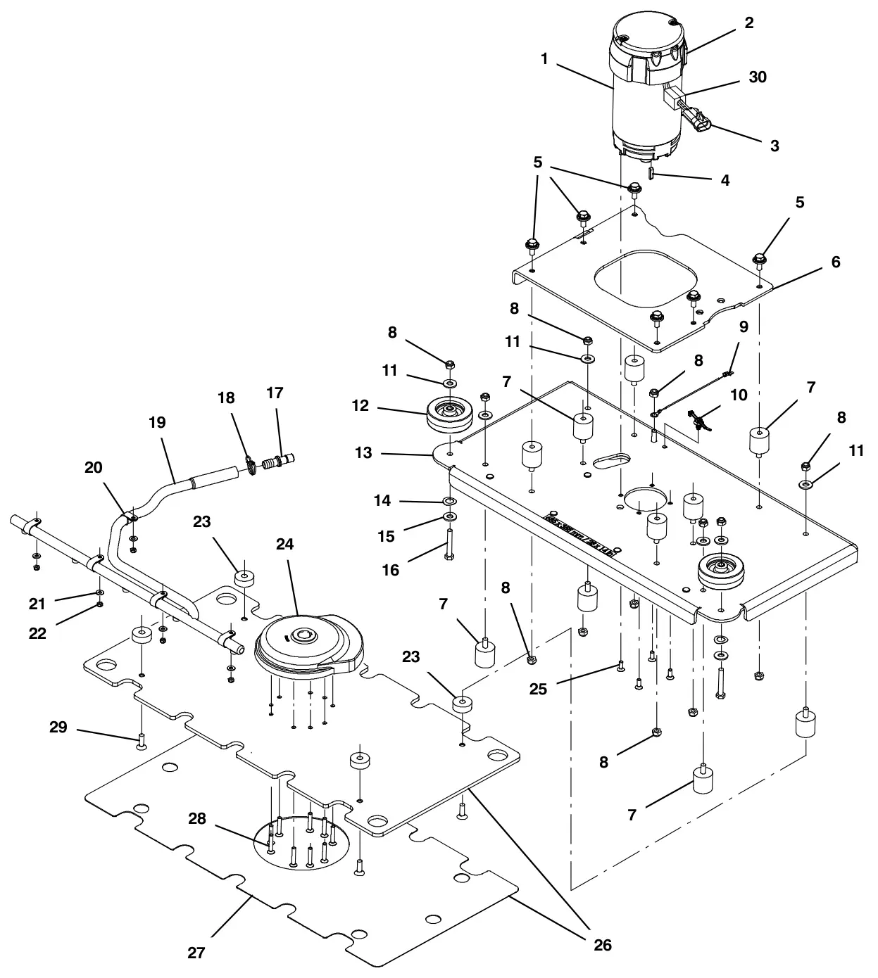 Tennant T500 (S/N 30000000-40000000) scrub head group, orbital 28 in (700 mm) drawing, manual page 28