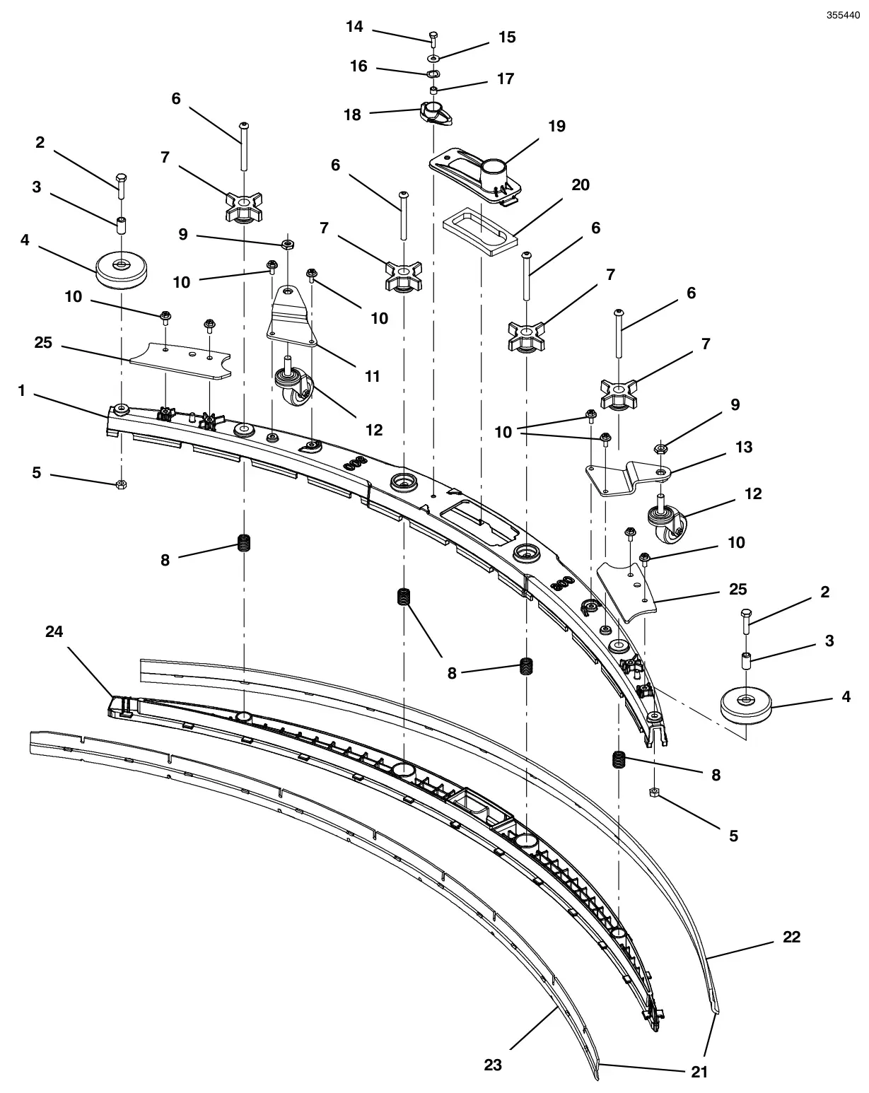 Tennant T500 (S/N 30000000-40000000) squeegee assembly, 32 in (800 mm) (original style 9015303 - replaced by 9021743) drawing, manual page 78