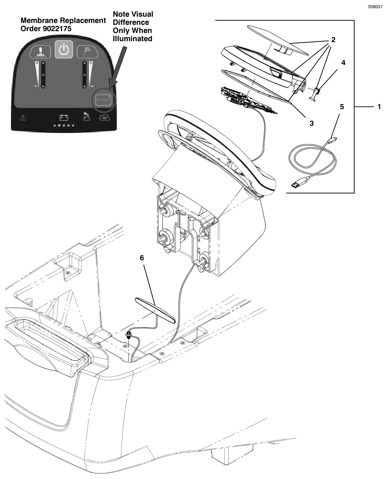 Tennant T500e console panel, membrane, with telemetry (s/n 11101079 and later) drawing, manual page 100