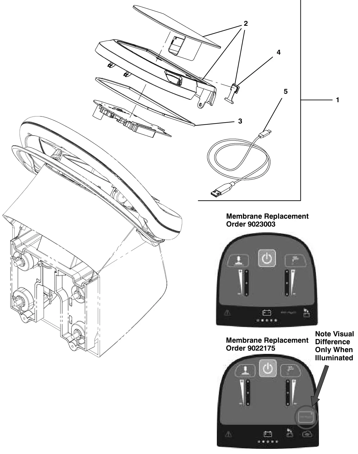 Tennant T500e console panel, membrane, with telemetry (s/n 10000000-11101078) drawing, manual page 102