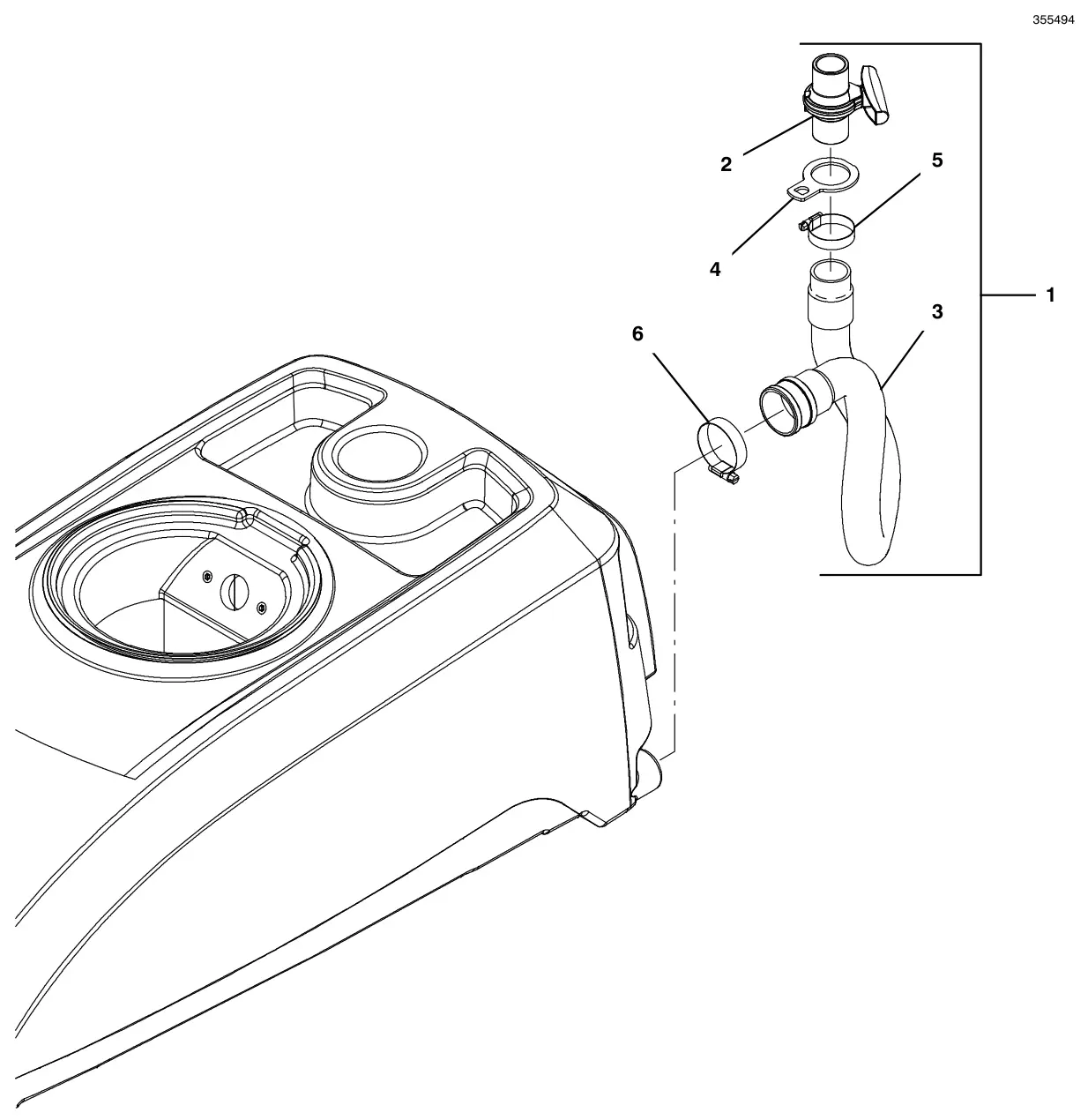 Tennant T500e control valve drain hose group drawing, manual page 110