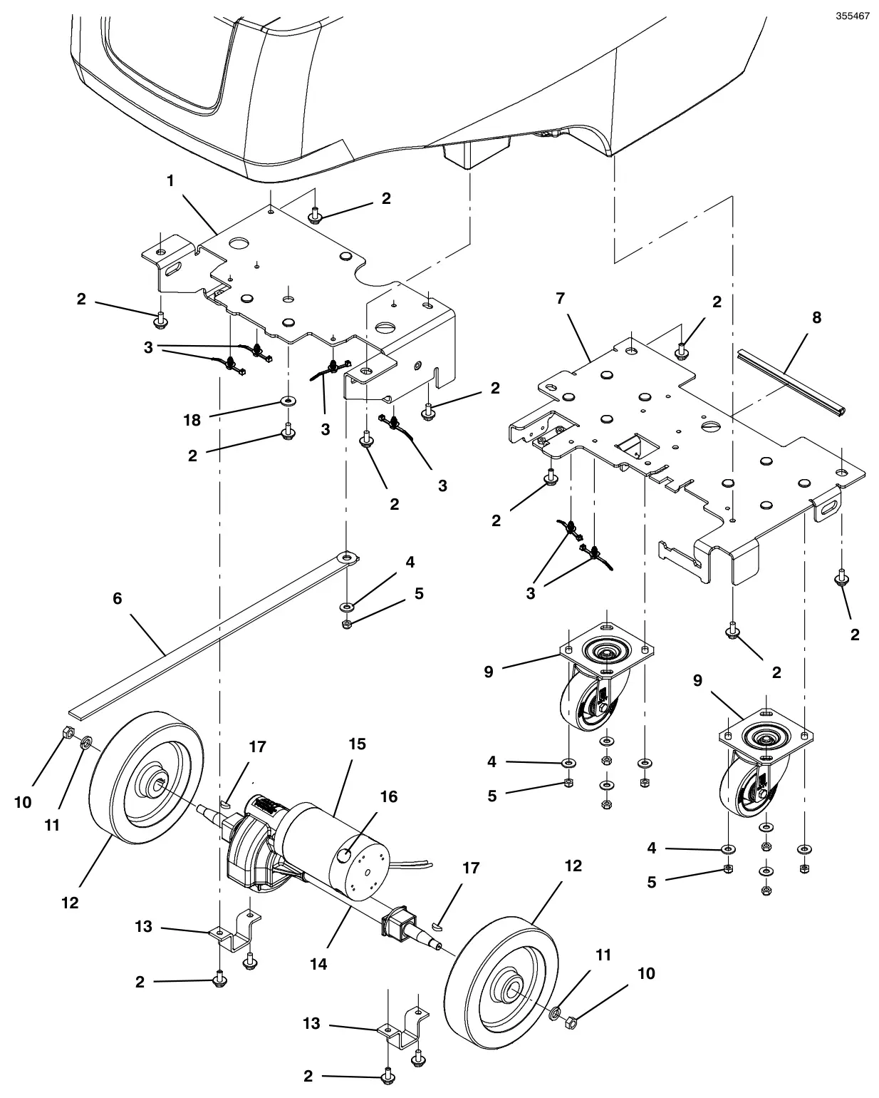 Tennant T500e frame and drive group (s/n 10000000-11064201) (note: solution tank support bracket upgrade kit available, tennant part number 9021792 pages 148-149) drawing, manual page 40