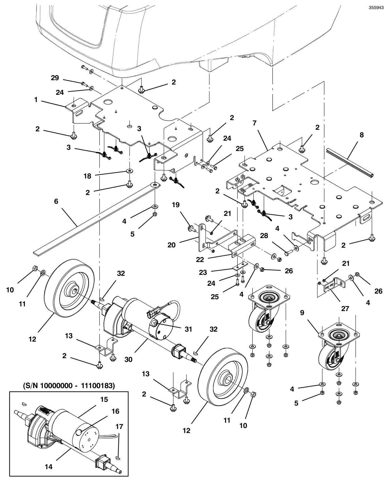 Tennant T500e frame and drive group (s/n 11064202 and later) drawing, manual page 38