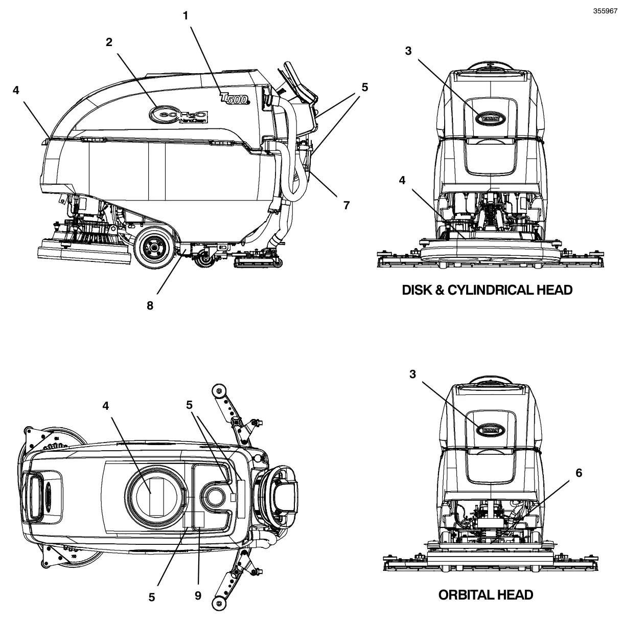 Tennant T500e label group disk & cylindrical head 5 9 orbital head drawing, manual page 83