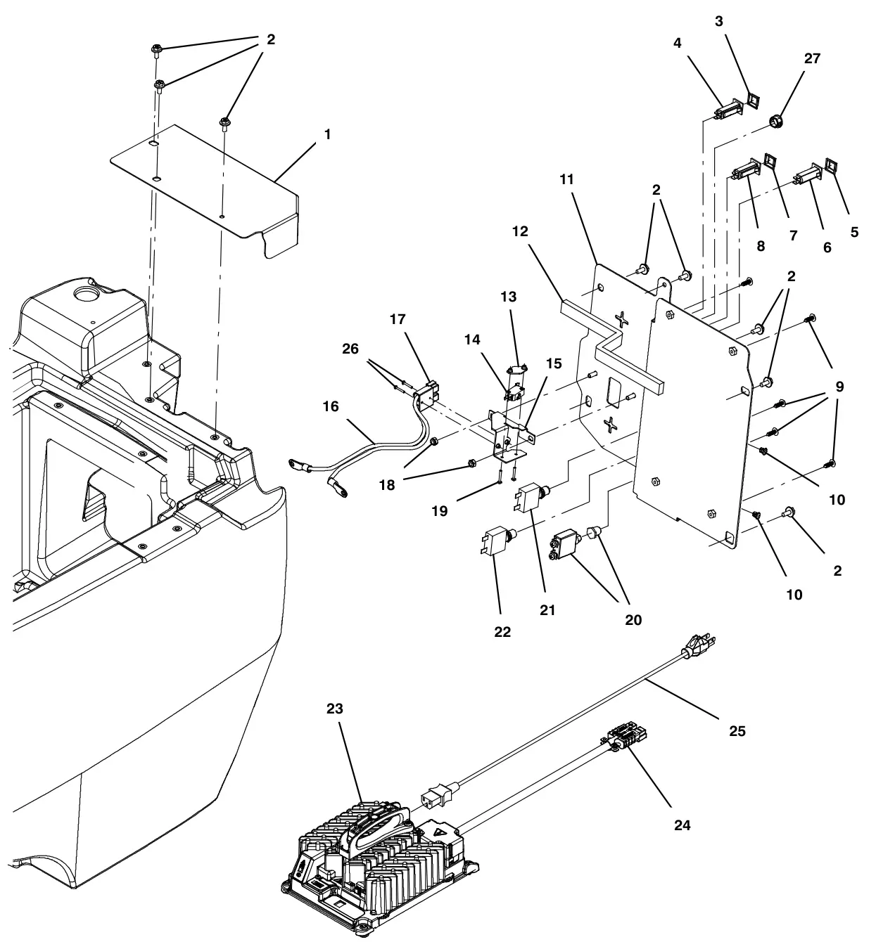 Tennant T500e lower console group, off-board charger drawing, manual page 54