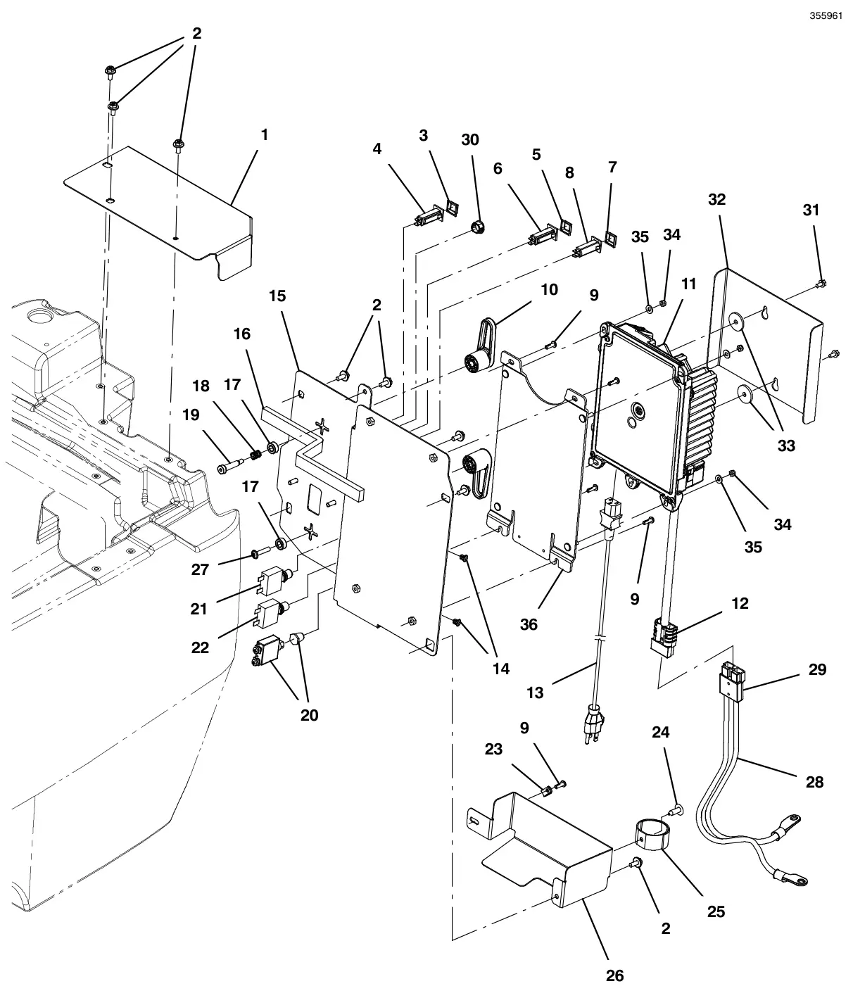 Tennant T500e lower console group, on-board charger 650w, lithium-ion battery drawing, manual page 52