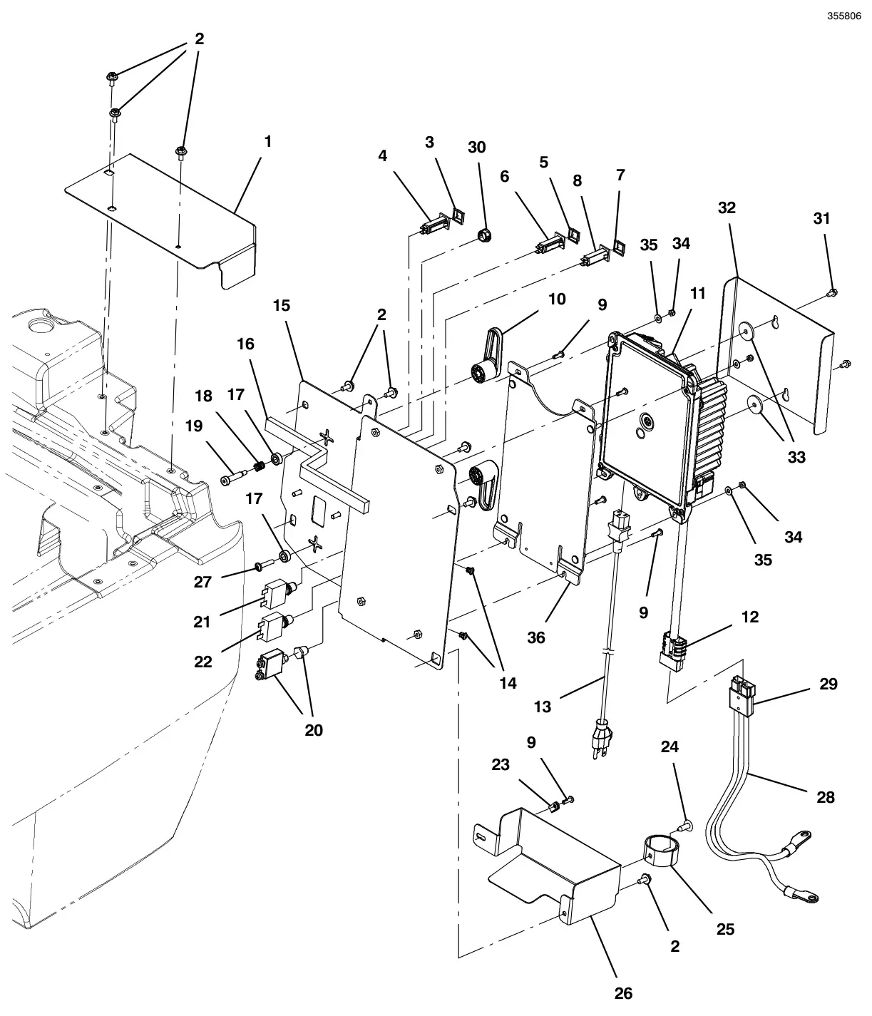 Tennant T500e lower console group, on-board charger, tppl battery drawing, manual page 50