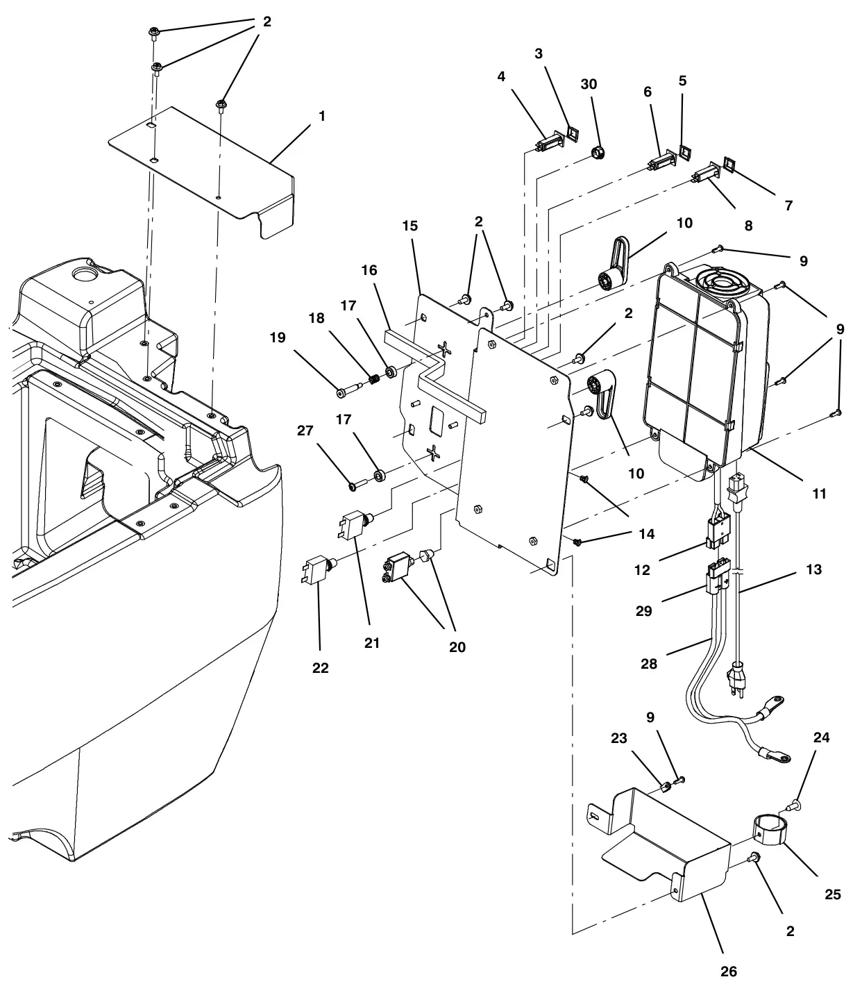 Tennant T500e lower console group, on-board charger, wet and agm battery drawing, manual page 48