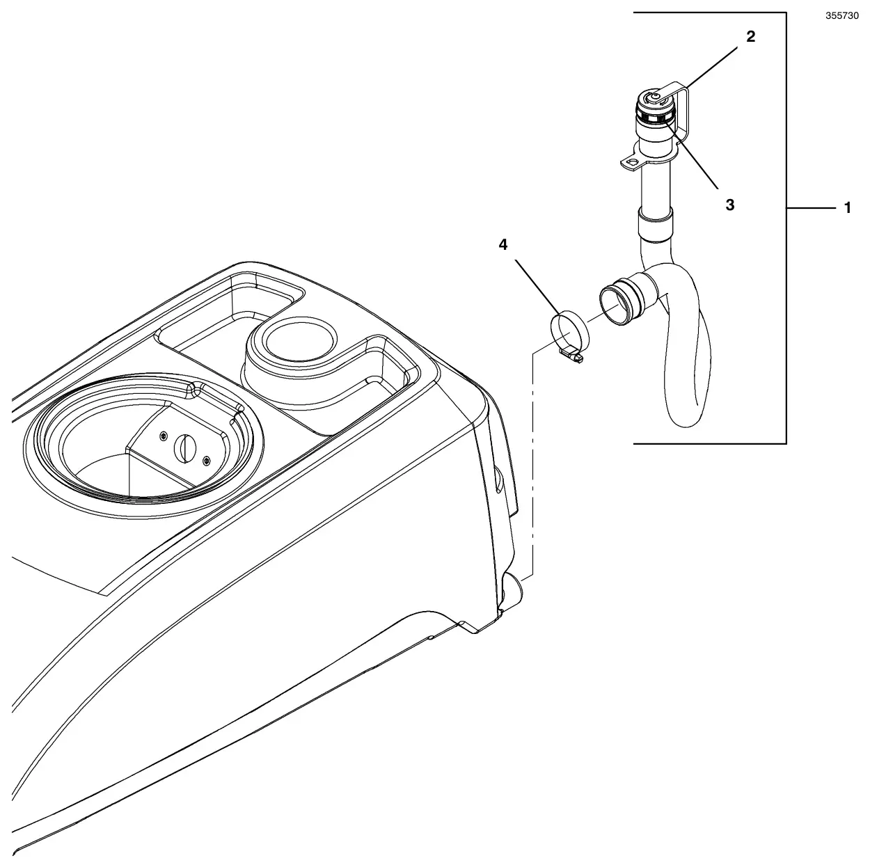Tennant T500e pinch cuff screw cap drain hose group drawing, manual page 108