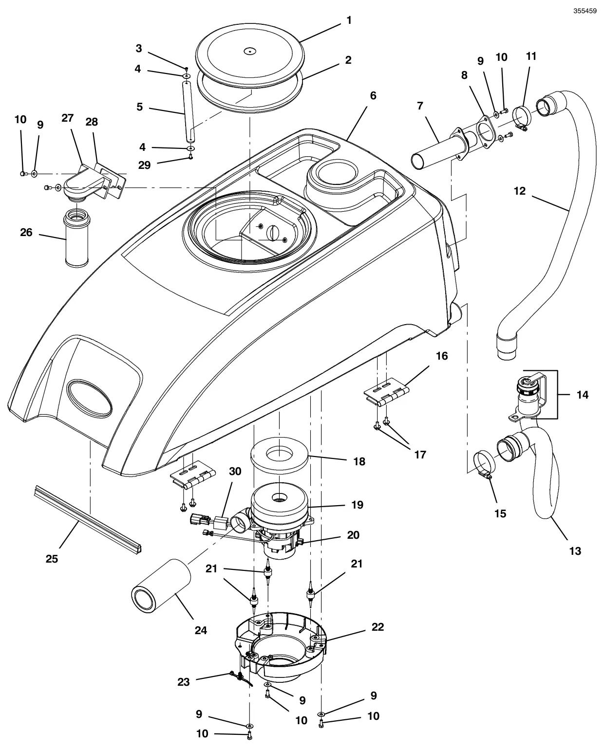 Tennant T500e recovery tank group, standard screw cap drawing, manual page 30