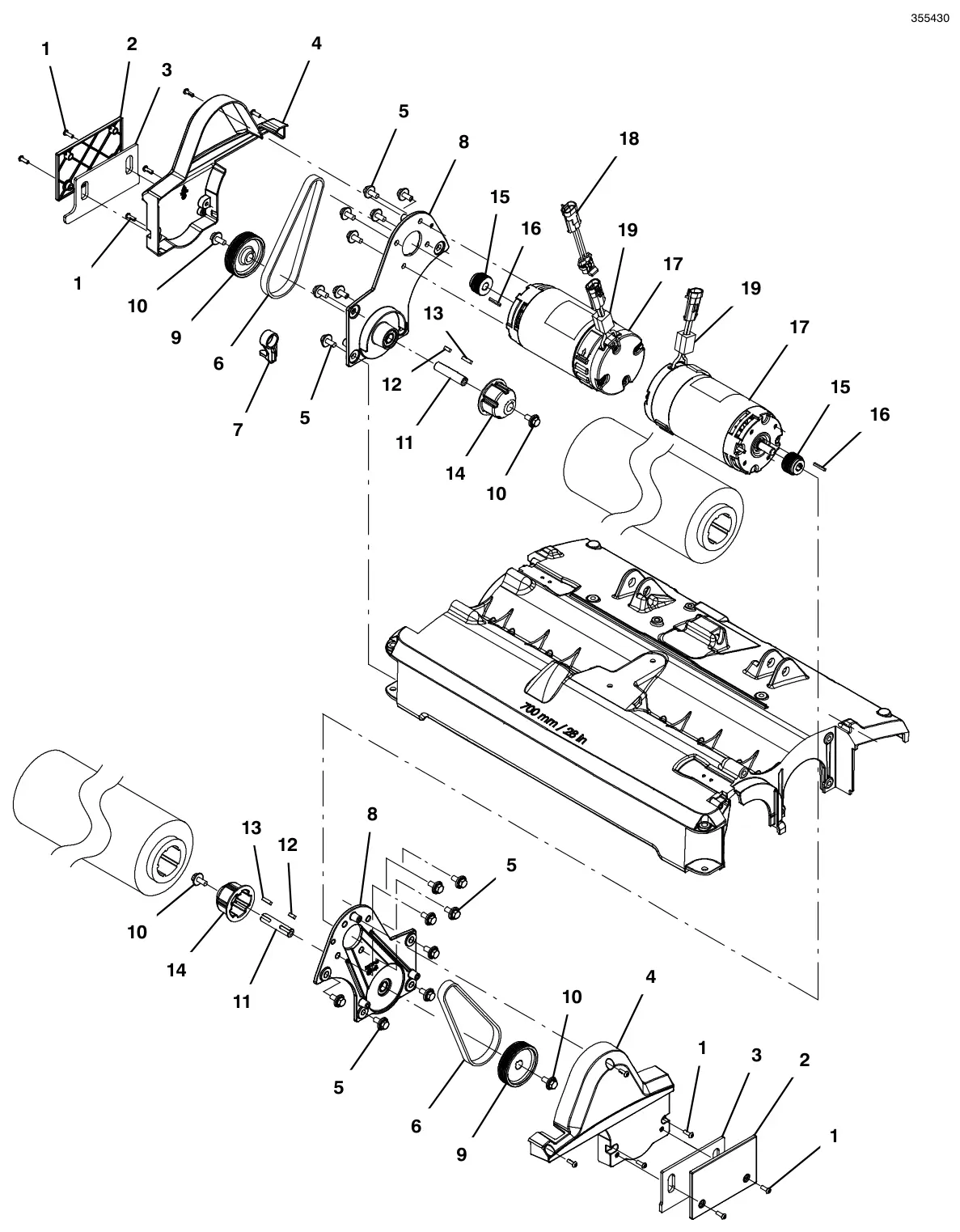 Tennant T500e scrub head group, cylindrical 28 in (700 mm) - continued drawing, manual page 24