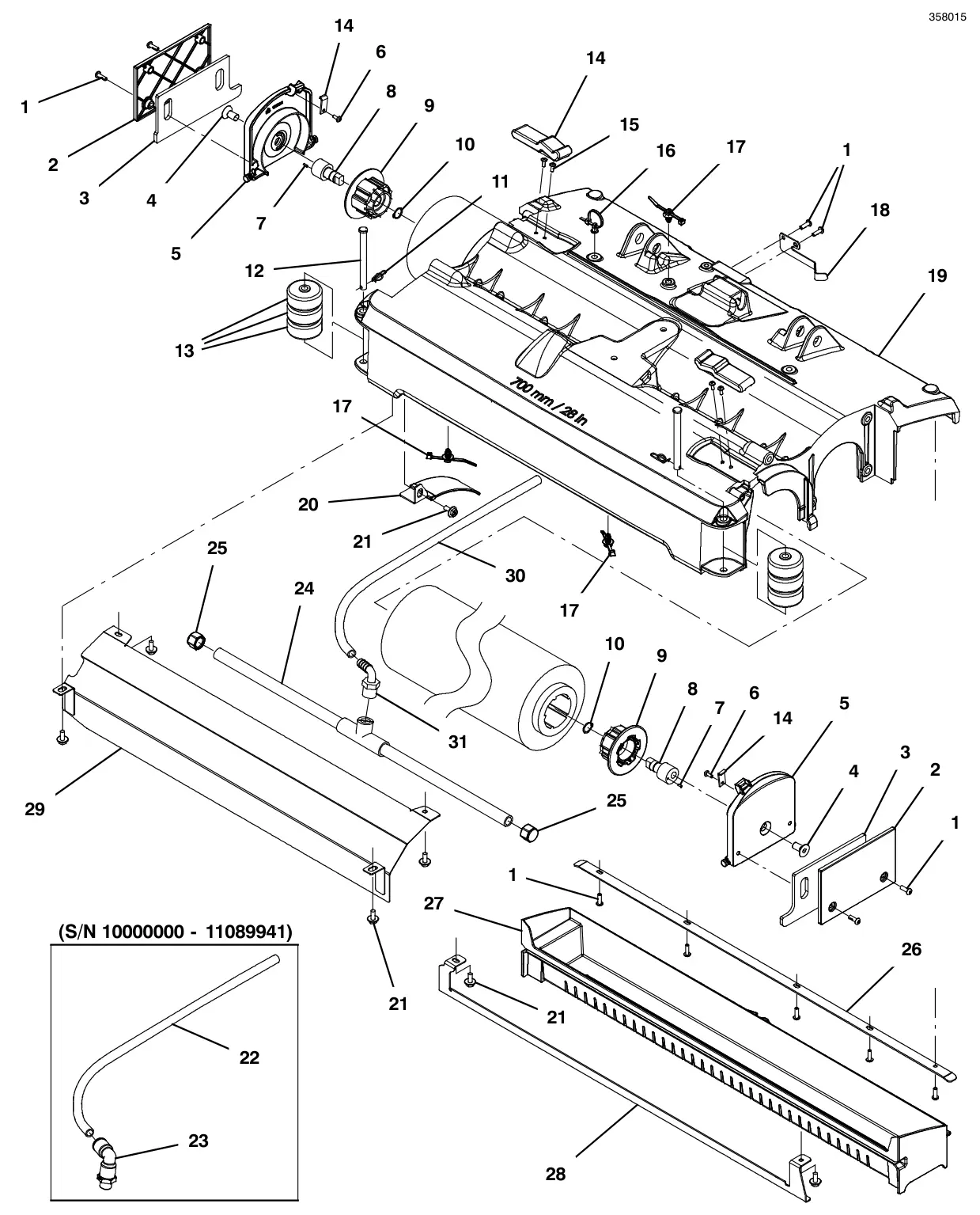 Tennant T500e scrub head group, cylindrical 28 in (700 mm) drawing, manual page 22