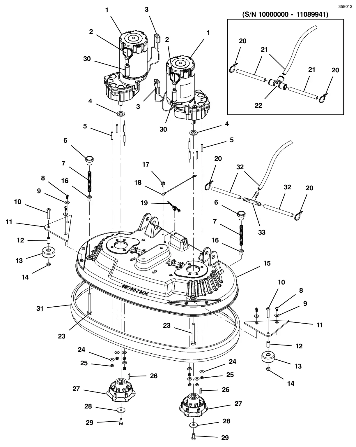Tennant T500e scrub head group, disk 26 in (650 mm) drawing, manual page 16