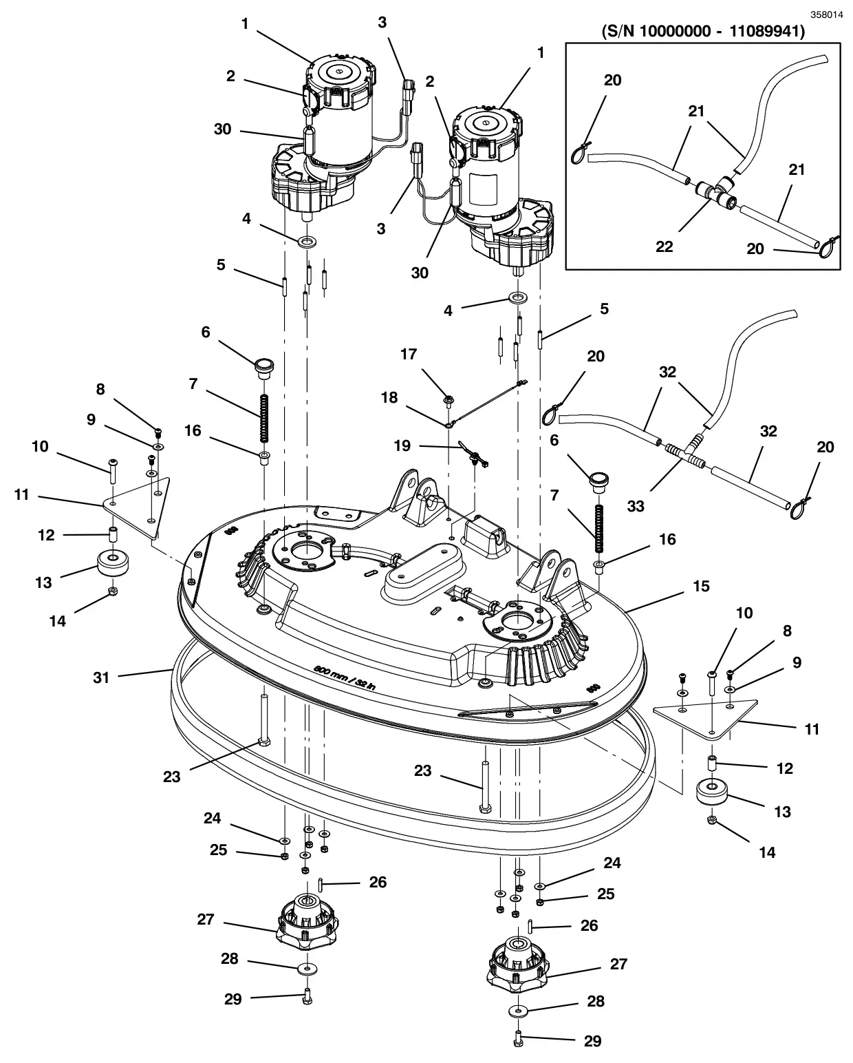 Tennant T500e scrub head group, disk 32 in (800 mm) drawing, manual page 20