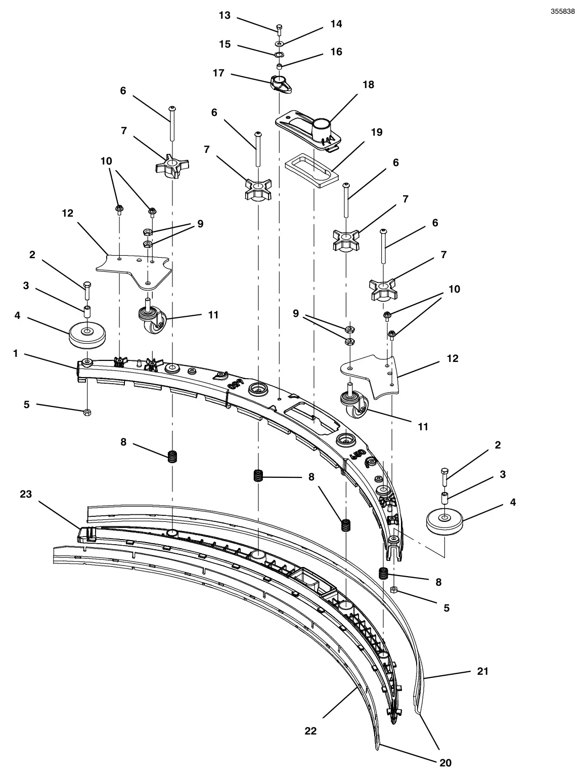 Tennant T500e squeegee assembly, 26 in (650 mm) (new style 9021741) drawing, manual page 64