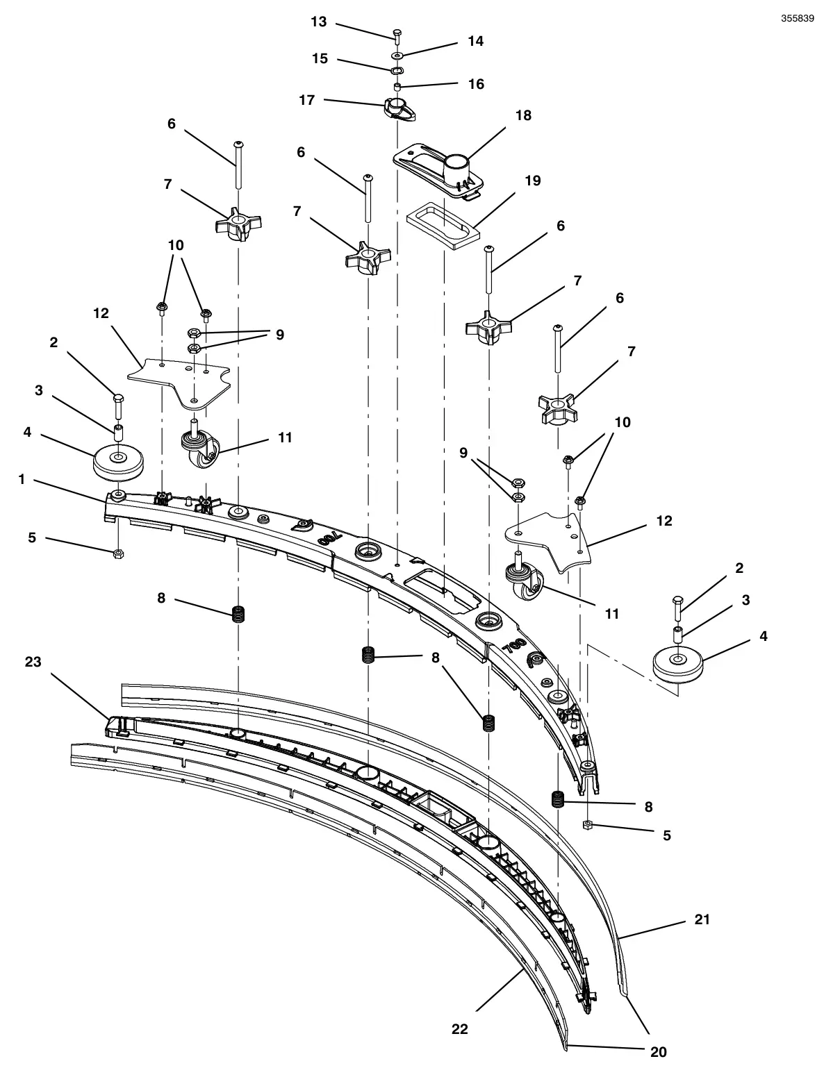 Tennant T500e squeegee assembly, 28 in (700 mm) (new style 9021742) drawing, manual page 68