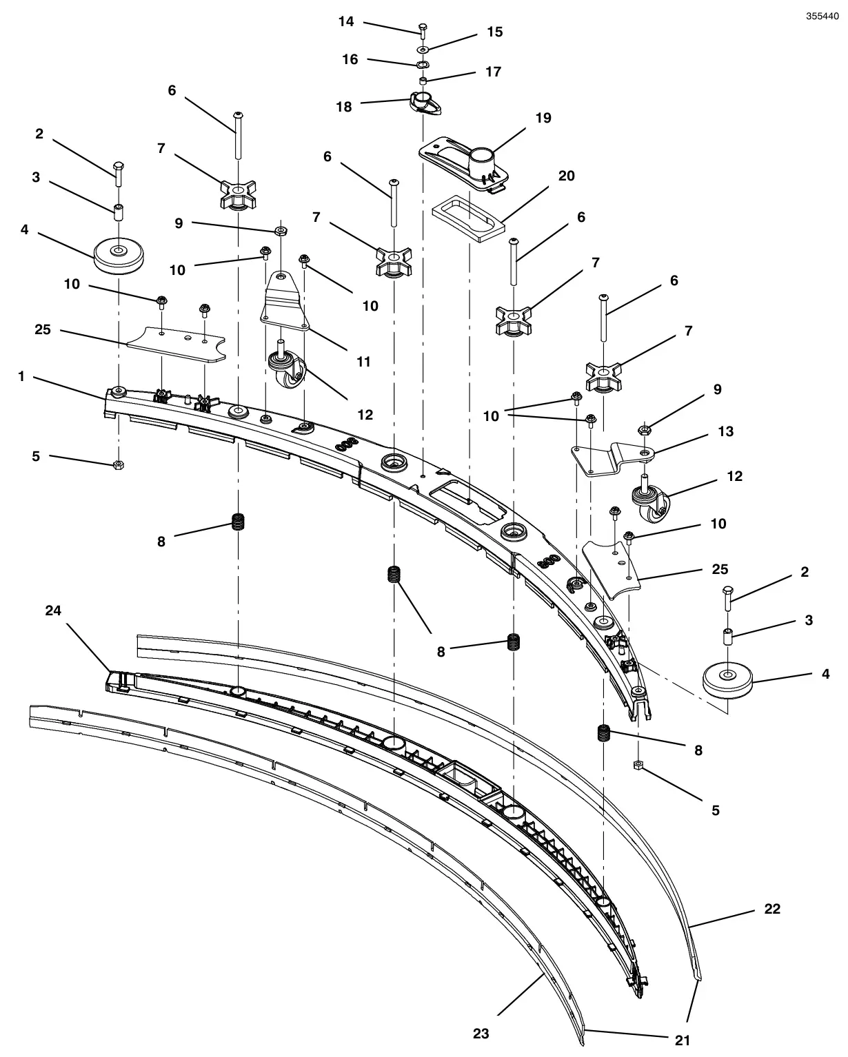 Tennant T500e squeegee assembly, 32 in (800 mm) (original style 9015303 - replaced by 9021743) drawing, manual page 74