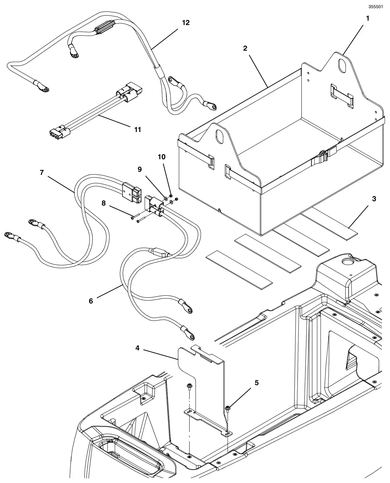 Tennant T500e (S/N 30000000-40000000) battery box lift out group drawing, manual page 92