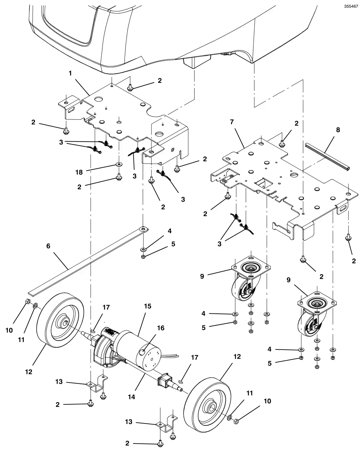 Tennant T500e (S/N 30000000-40000000) frame and drive group (s/n 30000000 - 30182935) (note: solution tank support bracket upgrade kit available, pages 108-109) drawing, manual page 42