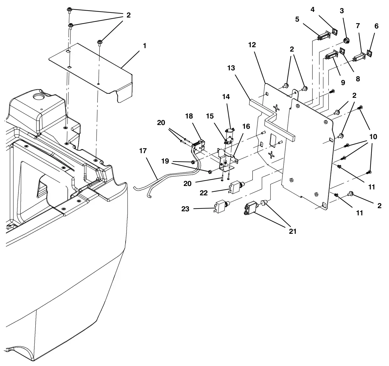 Tennant T500e (S/N 30000000-40000000) lower console group, off-board charger drawing, manual page 52