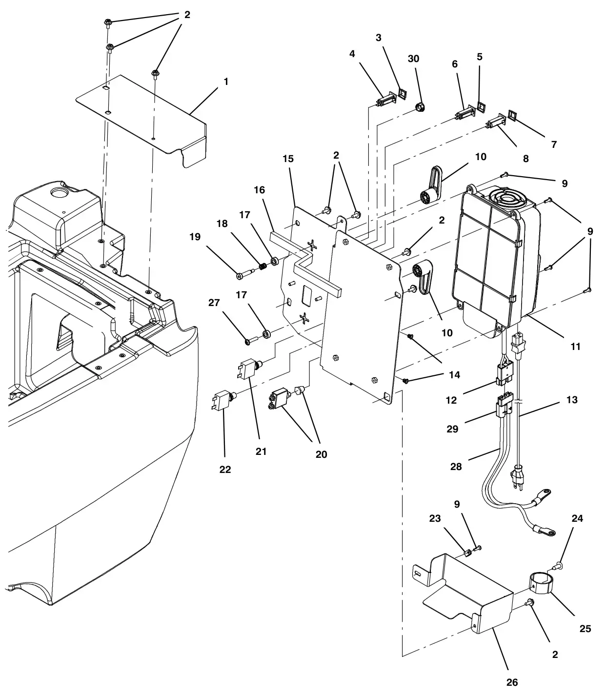 Tennant T500e (S/N 30000000-40000000) lower console group, on-board charger drawing, manual page 50
