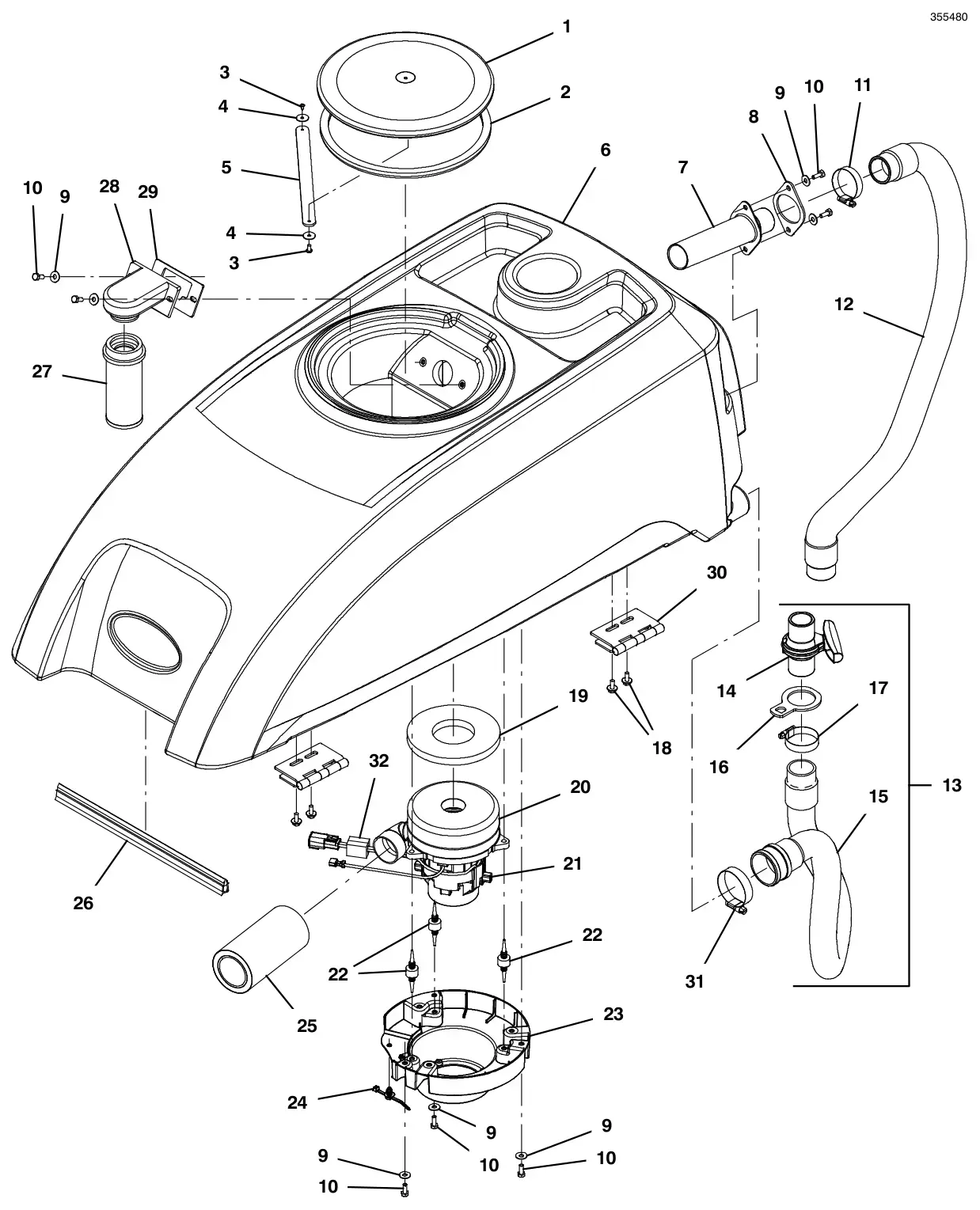 Tennant T500e (S/N 30000000-40000000) recovery tank group, control valve (japan) drawing, manual page 34
