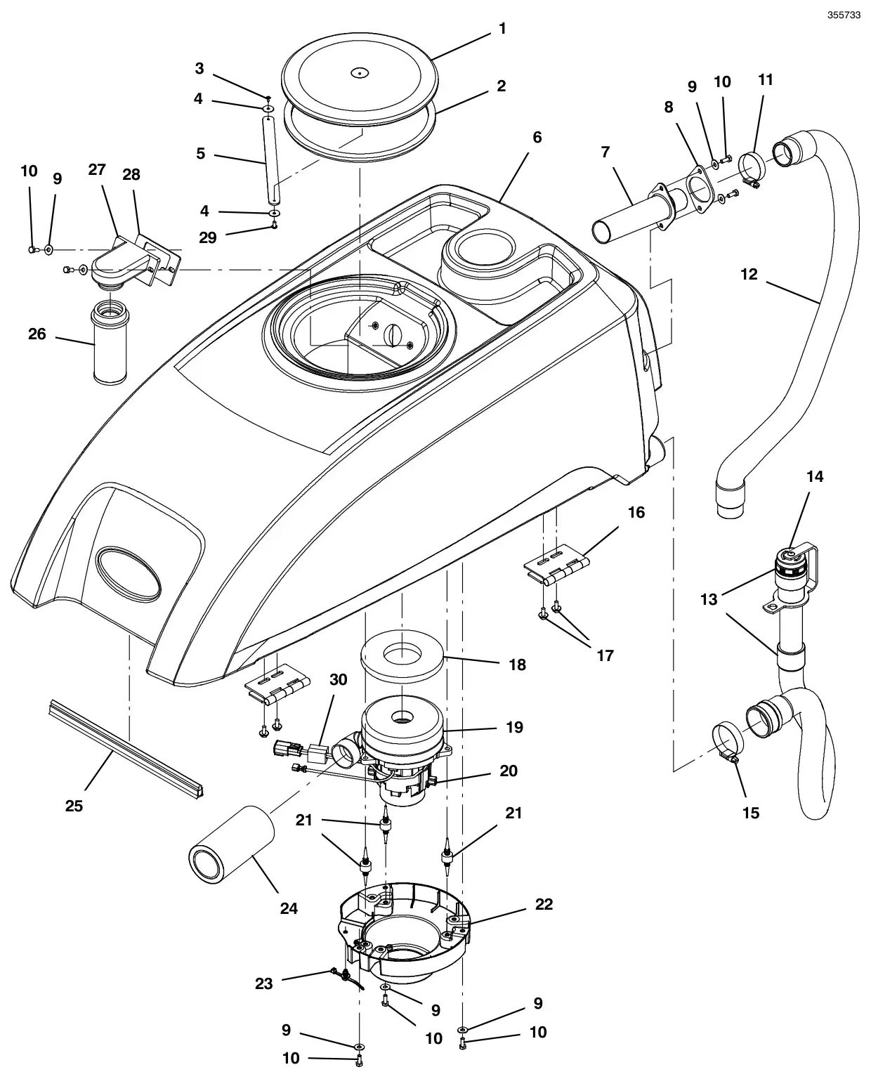 Tennant T500e (S/N 30000000-40000000) recovery tank group, pinch cuff screw cap drawing, manual page 32