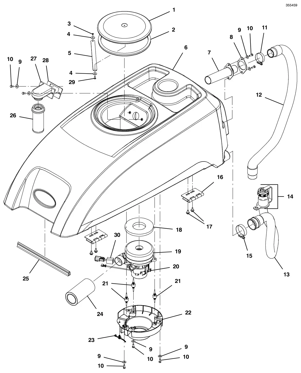 Tennant T500e (S/N 30000000-40000000) recovery tank group, standard screw cap drawing, manual page 30