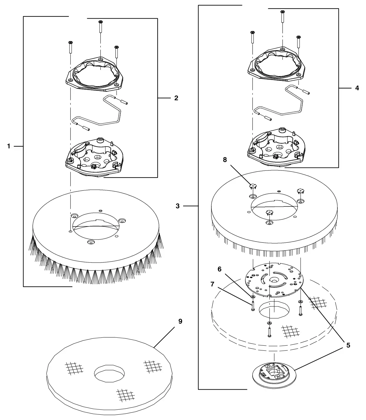 Tennant T500e (S/N 30000000-40000000) replacement brushes and pad driver disk drawing, manual page 10