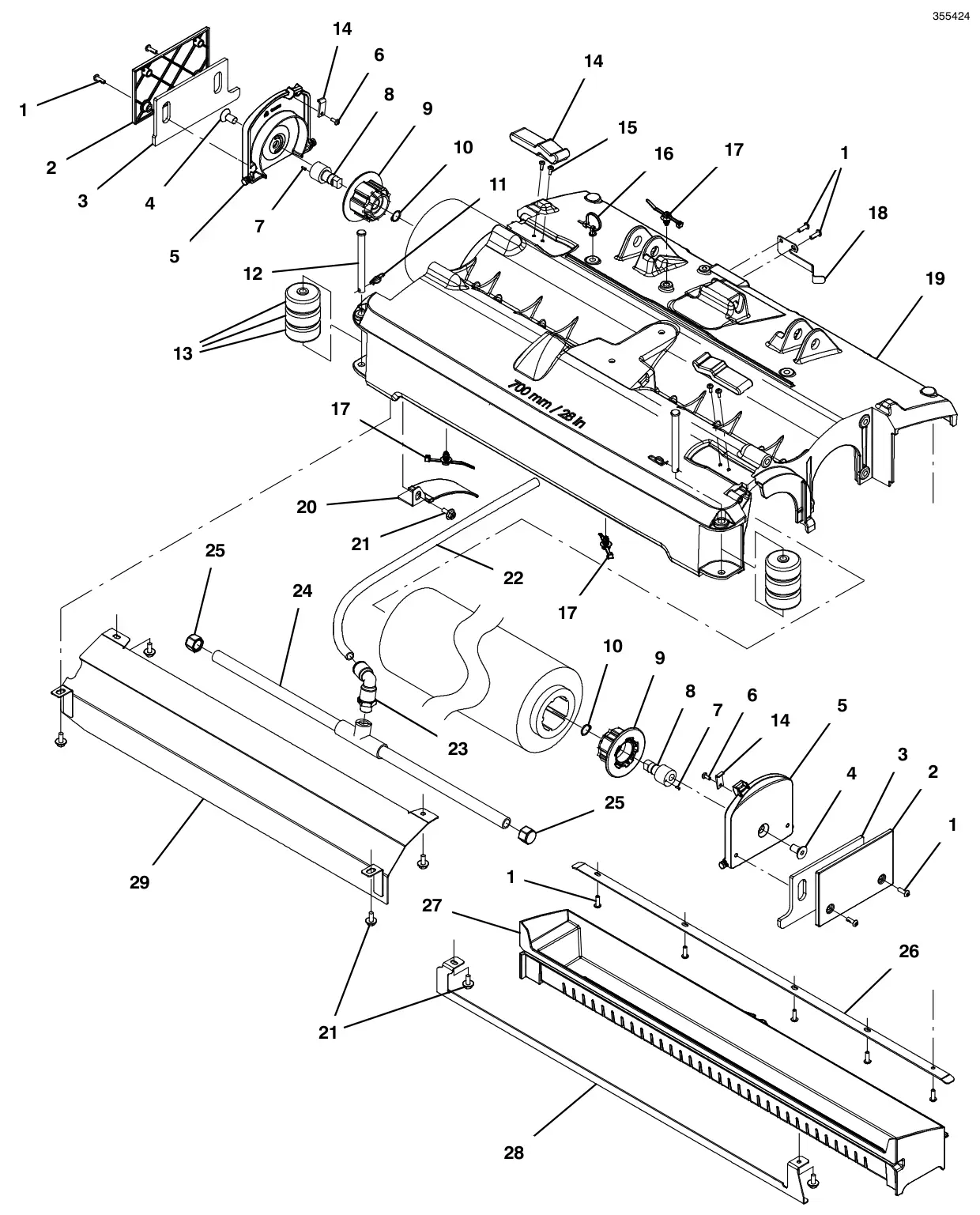 Tennant T500e (S/N 30000000-40000000) scrub head group, cylindrical 28 in (700 mm) drawing, manual page 24