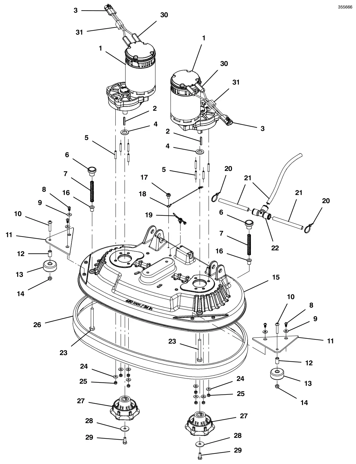 Tennant T500e (S/N 30000000-40000000) scrub head group, disk 26 in (650 mm) drawing, manual page 18
