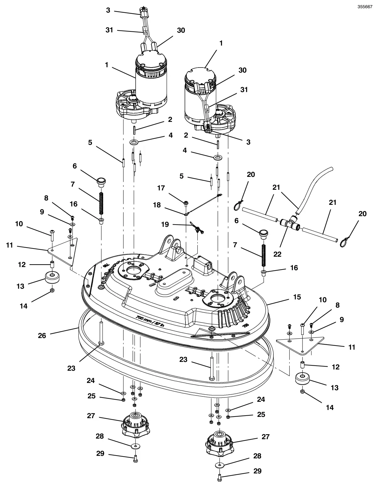 Tennant T500e (S/N 30000000-40000000) scrub head group, disk 28 in (700 mm) drawing, manual page 20