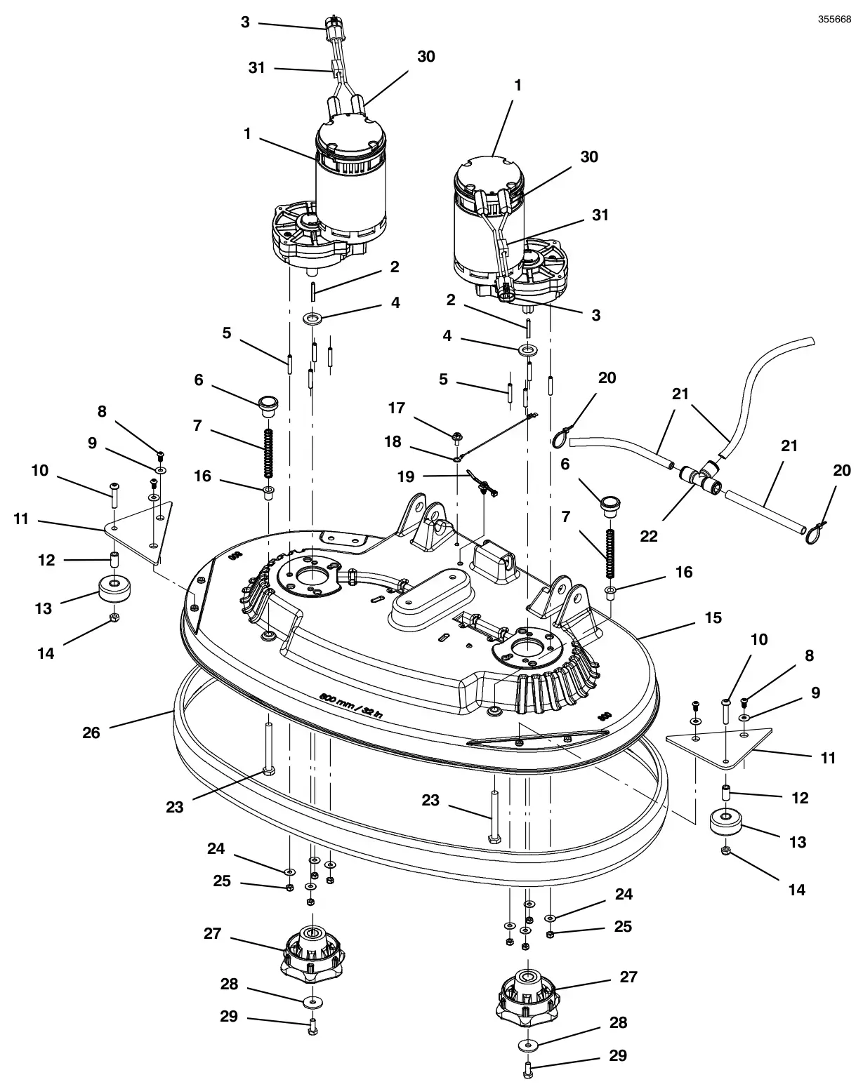 Tennant T500e (S/N 30000000-40000000) scrub head group, disk 32 in (800 mm) drawing, manual page 22