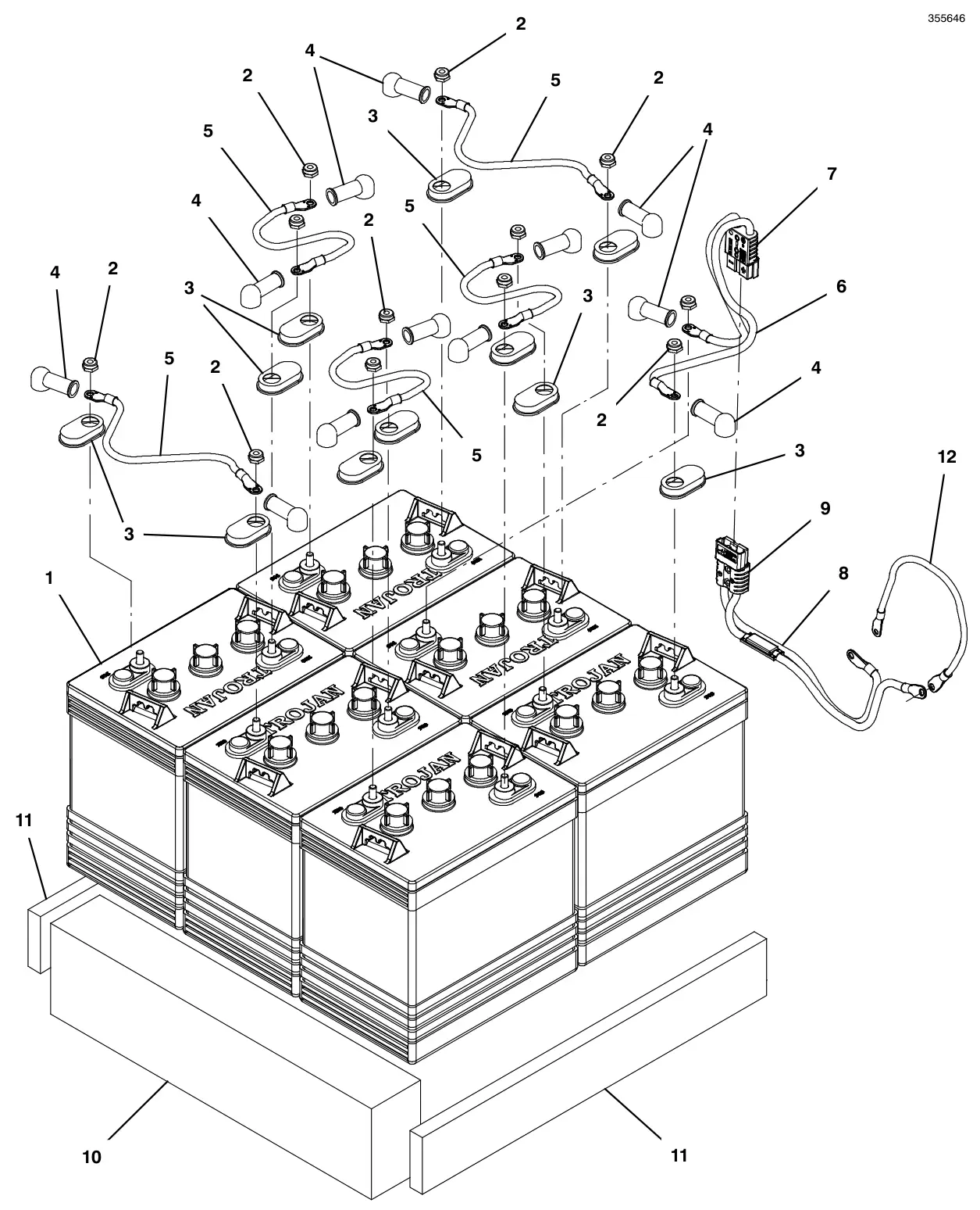 Tennant T600e / T600 battery group, wet 240ah drawing, manual page 104