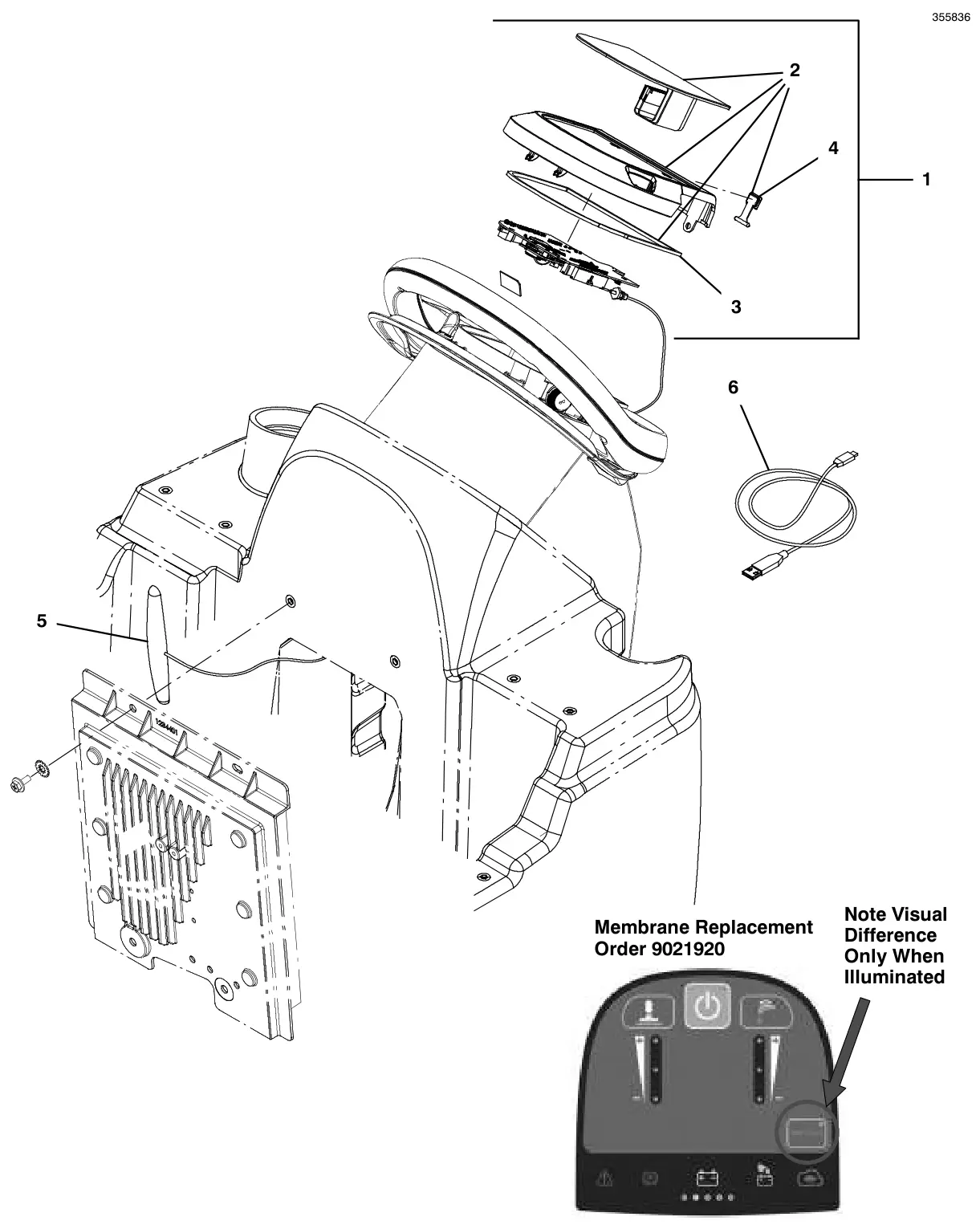 Tennant T600e / T600 console panel, membrane, with telemetry (t600e model) (s/n 11015347-11089808) drawing, manual page 120
