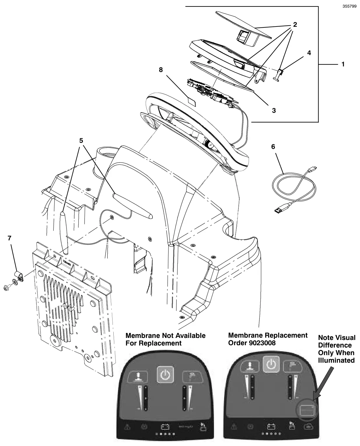 Tennant T600e / T600 console panel, membrane, with telemetry (t600e model) (s/n 10000000-11015346) drawing, manual page 122
