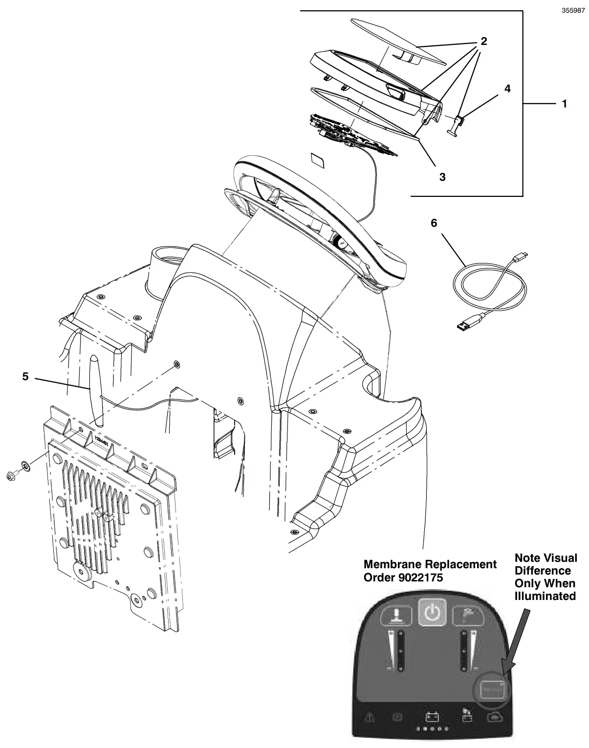 Tennant T600e / T600 console panel, membrane, with telemetry (t600e model) (s/n 11089809 and later) drawing, manual page 118