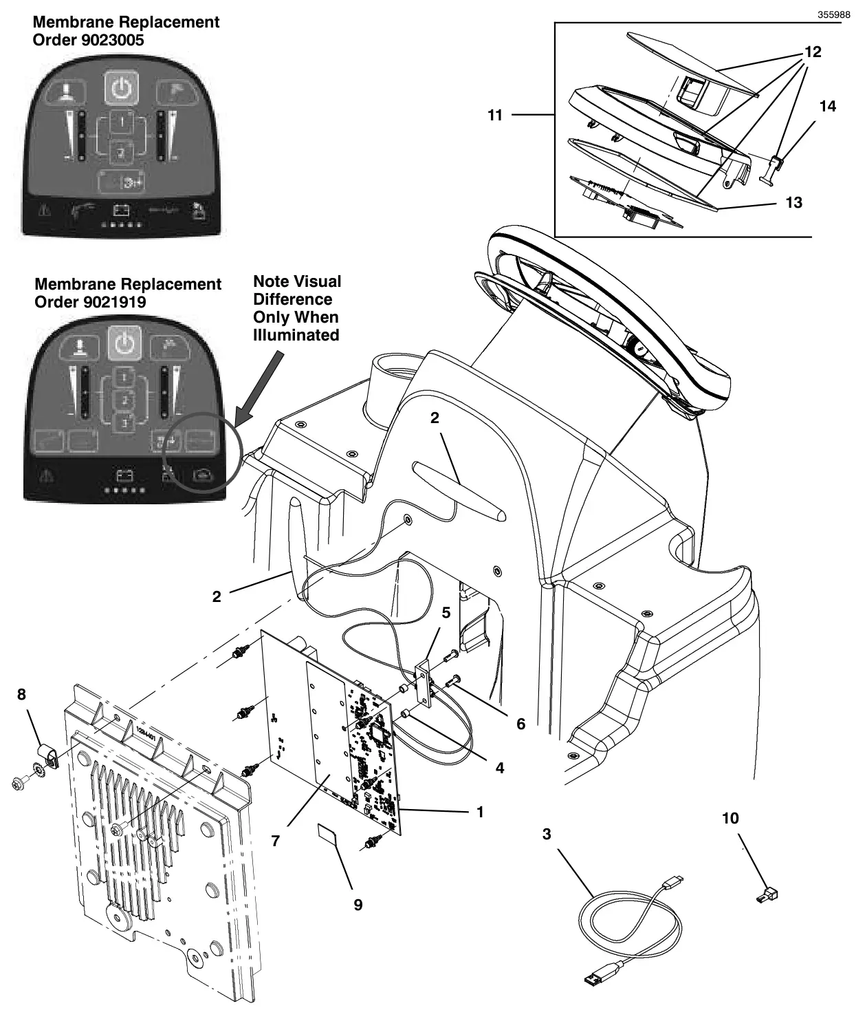 Tennant T600e / T600 console panel, pro-membrane, with telemetry (t600 model) (s/n 10000000-11089806) drawing, manual page 126