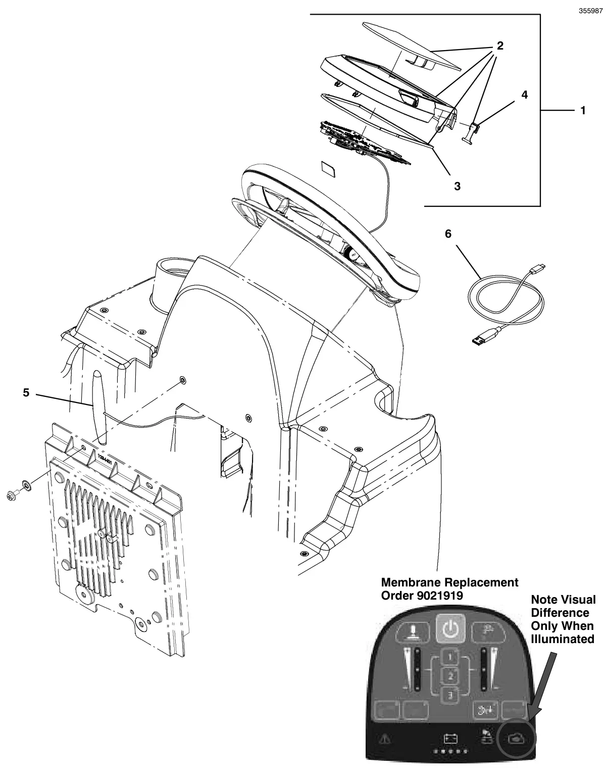Tennant T600e / T600 console panel, pro-membrane, with telemetry (t600 model) (s/n 11089807 and later) drawing, manual page 124