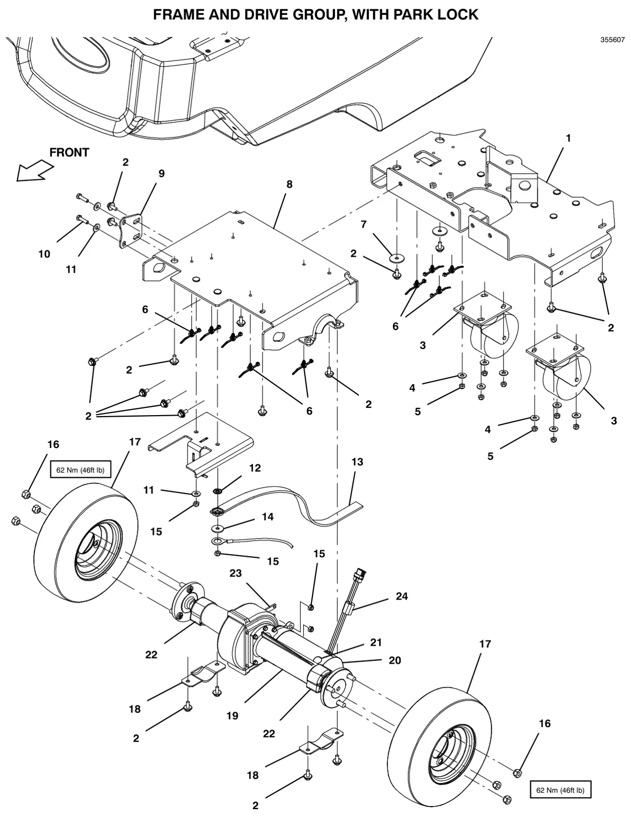 Tennant T600e / T600 frame and drive group, with park lock drawing, manual page 52