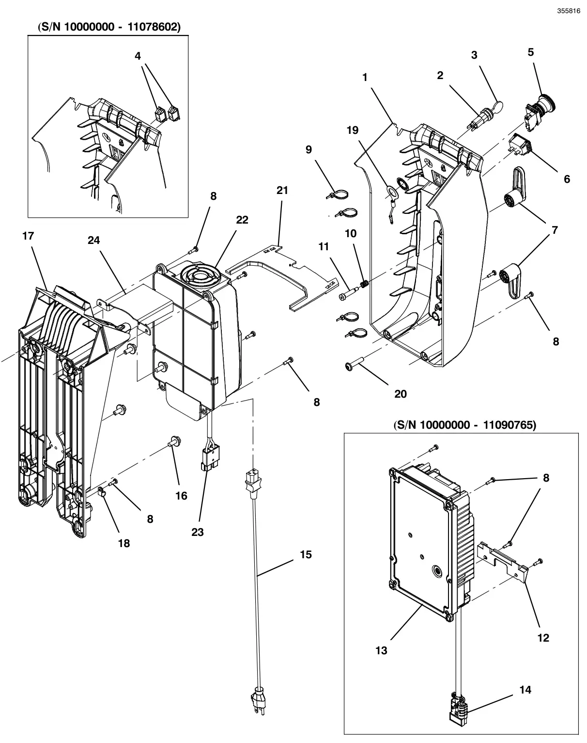 Tennant T600e / T600 lower console group, on-board charger, wet lead acid battery drawing, manual page 62