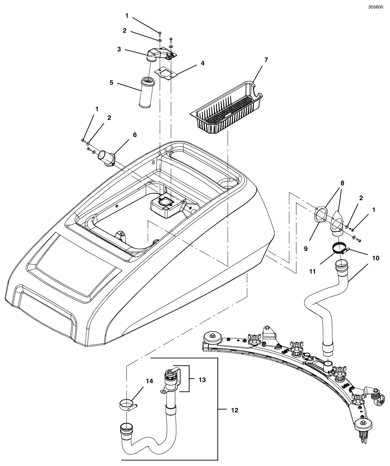 Tennant T600e / T600 recovery tank filter and hose group, pinch twist cap drawing, manual page 40