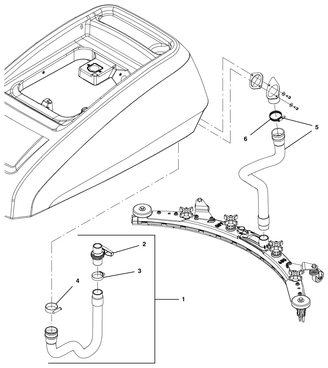 Tennant T600e / T600 recovery tank hose group, valve drawing, manual page 140