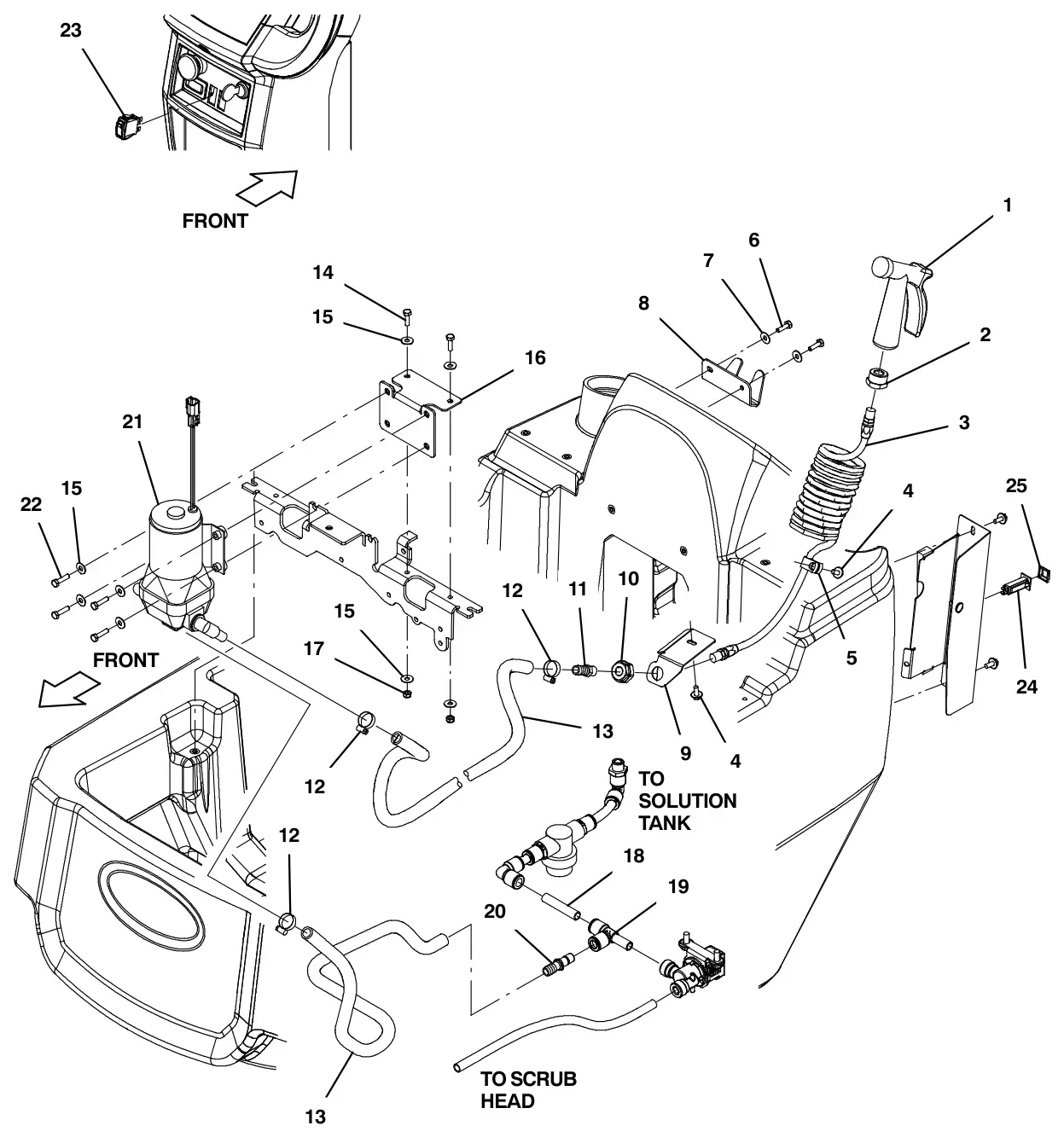 Tennant T600e / T600 recovery tank rinse, with conventional (t600 model) (s/n 10000000 - dec2022) drawing, manual page 136