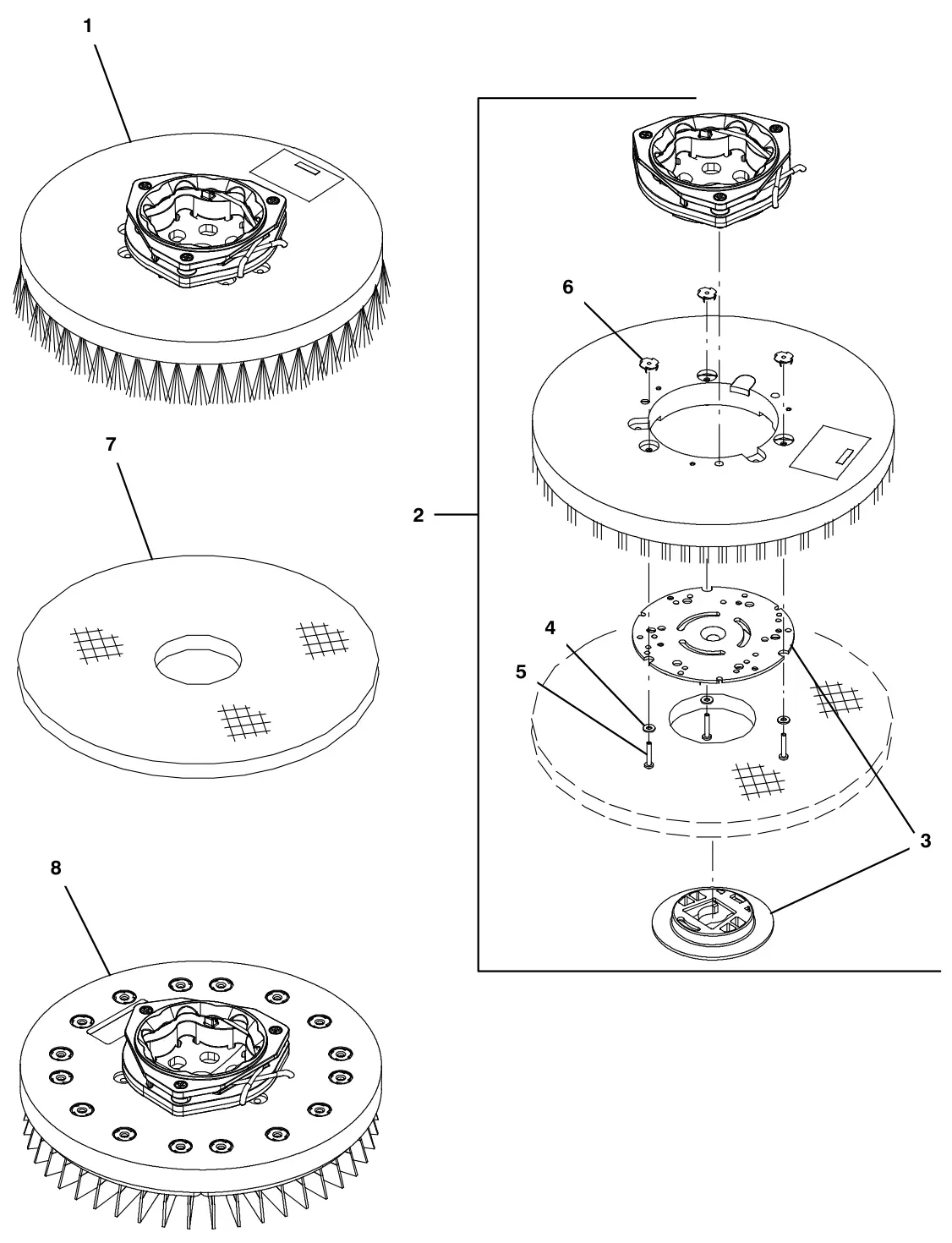 Tennant T600e / T600 replacement brushes and pad driver disk drawing, manual page 10