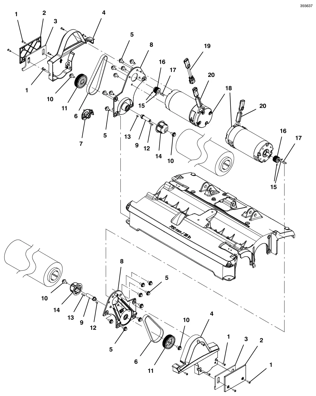 Tennant T600e / T600 scrub head group, cylindrical 28 in (700 mm) - continued drawing, manual page 28